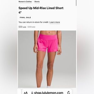 Lululemon Speed Up Mid-Rise Lined Short 4” size 6